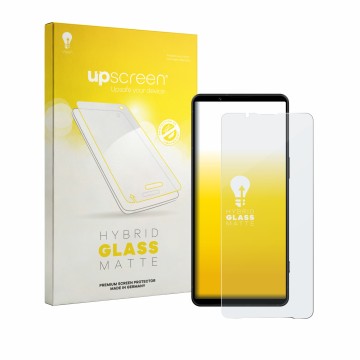 Parte frontale di una confezione del prodotto con il logo del marchio upscreen. Accanto è raffigurato il dispositivo Sony Xper