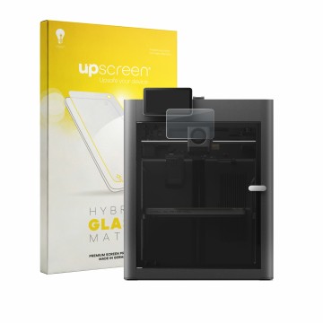 Parte frontal de un envase de producto con el logotipo de la marca upscreen. Al lado se muestra el dispositivo Bambu Lab X2D c