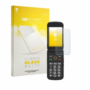 Face avant d’un emballage produit avec le logo de la marque upscreen. À côté, l’appareil AGM M8 FLIP est représenté avec la pr