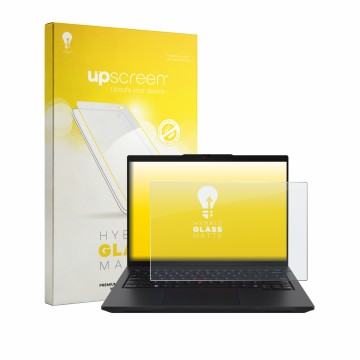 Face avant d’un emballage produit avec le logo de la marque upscreen. À côté, l’appareil Lenovo ThinkPad L14 Gen 7 est représe