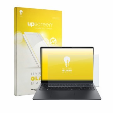 Parte frontal de un envase de producto con el logotipo de la marca upscreen. Al lado se muestra el dispositivo Dell Pro 5 Seri