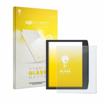 Parte frontal de un envase de producto con el logotipo de la marca upscreen. Al lado se muestra el dispositivo PocketBook Era 