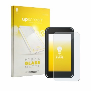 Parte frontal de un envase de producto con el logotipo de la marca upscreen. Al lado se muestra el dispositivo Shot Scope H50 