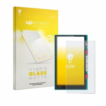 Parte frontal de un envase de producto con el logotipo de la marca upscreen. Al lado se muestra el dispositivo Hiby Digital M5