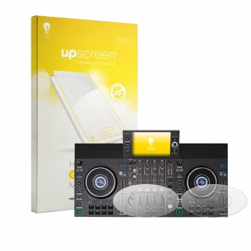Vorderseite einer Produktverpackung mit dem Markenlogo upscreen. Daneben ist das Gerät Denon DJ SC LIVE 4 (Jog) mit dem zugehö