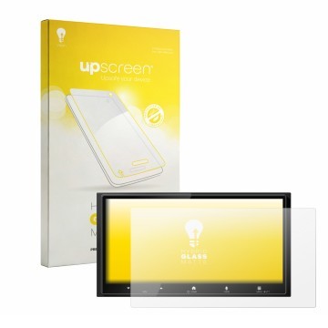 Parte frontal de un envase de producto con el logotipo de la marca upscreen. Al lado se muestra el dispositivo Kenwood DMX7525