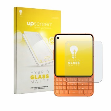 Parte frontale di una confezione del prodotto con il logo del marchio upscreen. Accanto è raffigurato il dispositivo Unihertz 