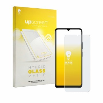 Parte frontal de un envase de producto con el logotipo de la marca upscreen. Al lado se muestra el dispositivo Lava Bold N2 co