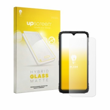 Face avant d’un emballage produit avec le logo de la marque upscreen. À côté, l’appareil Doogee Blade 10 Pro Energy est représ