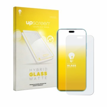 Parte frontal de un envase de producto con el logotipo de la marca upscreen. Al lado se muestra el dispositivo Huawei Nova 16 