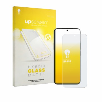 Parte frontal de un envase de producto con el logotipo de la marca upscreen. Al lado se muestra el dispositivo Vivo S60 con su