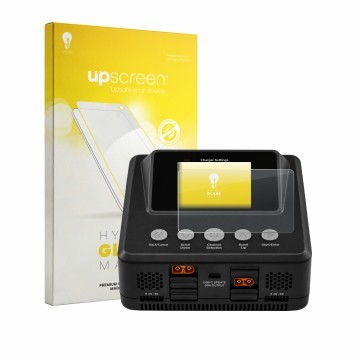 Vorderseite einer Produktverpackung mit dem Markenlogo upscreen. Daneben ist das Gerät Spektrum Smart Charger S450 G2 mit dem 