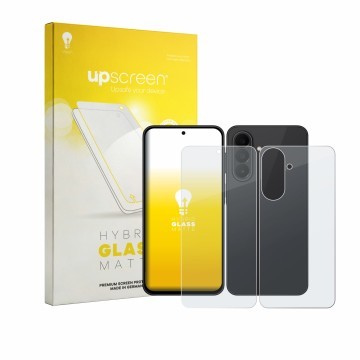 Vorderseite einer Produktverpackung mit dem Markenlogo upscreen. Daneben ist das Gerät Samsung Galaxy A27 5G (Display+Rückseit