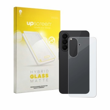 Vorderseite einer Produktverpackung mit dem Markenlogo upscreen. Daneben ist das Gerät Samsung Galaxy A27 5G (Rückseite) mit d