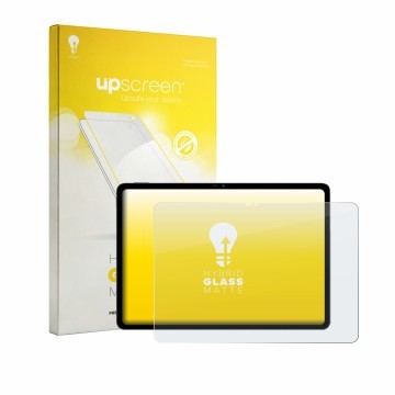 Parte frontal de un envase de producto con el logotipo de la marca upscreen. Al lado se muestra el dispositivo Blackview MEGA 