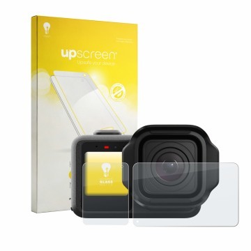 Face avant d’un emballage produit avec le logo de la marque upscreen. À côté, l’appareil GoPro Mission 1 Pro est représenté av