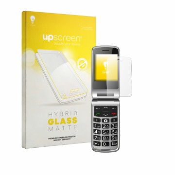 Vorderseite einer Produktverpackung mit dem Markenlogo upscreen. Daneben ist das Gerät bea-fon SL645 mit dem zugehörigen Displ