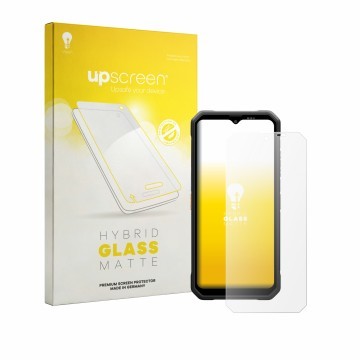 Parte frontal de un envase de producto con el logotipo de la marca upscreen. Al lado se muestra el dispositivo Blackview Fort 