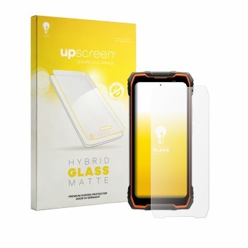 Parte frontal de un envase de producto con el logotipo de la marca upscreen. Al lado se muestra el dispositivo Blackview Rock 