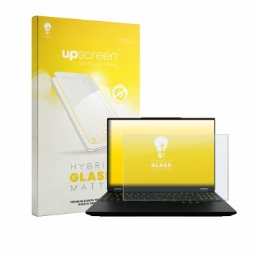 Parte frontal de un envase de producto con el logotipo de la marca upscreen. Al lado se muestra el dispositivo XMG Neo 16 con 