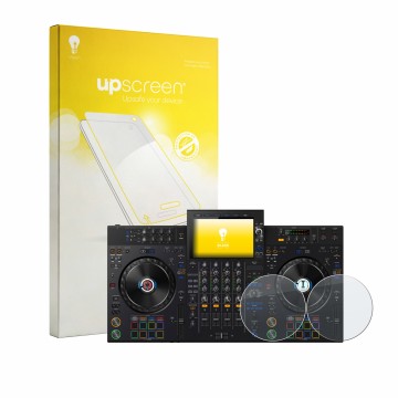 Vorderseite einer Produktverpackung mit dem Markenlogo upscreen. Daneben ist das Gerät AlphaTheta XDJ-AZ (Jog) mit dem zugehör