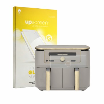 Parte frontal de un envase de producto con el logotipo de la marca upscreen. Al lado se muestra el dispositivo Ninja Max 6-in-