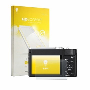 Face avant d’un emballage produit avec le logo de la marque upscreen. À côté, l’appareil Panasonic Lumix DC-TZ99E-S est représ