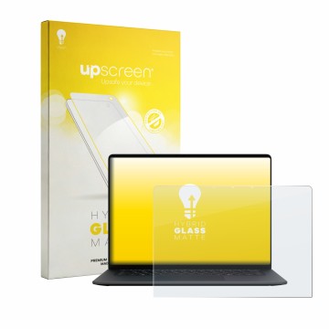 Parte frontal de un envase de producto con el logotipo de la marca upscreen. Al lado se muestra el dispositivo Microsoft Surfa