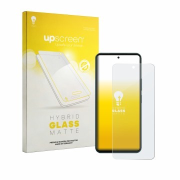 Parte frontal de un envase de producto con el logotipo de la marca upscreen. Al lado se muestra el dispositivo Vivo Y21d con s