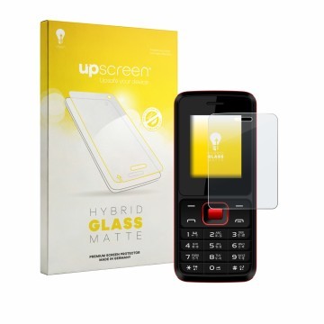 Vorderseite einer Produktverpackung mit dem Markenlogo upscreen. Daneben ist das Gerät Karbonn K19 Rock mit dem zugehörigen Di
