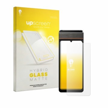 Vorderseite einer Produktverpackung mit dem Markenlogo upscreen. Daneben ist das Gerät Sunmi V3e mit dem zugehörigen Displaysc