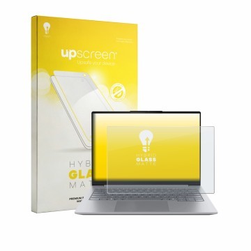 Vorderseite einer Produktverpackung mit dem Markenlogo upscreen. Daneben ist das Gerät Lenovo ThinkBook 14 Gen 9 mit dem zugeh