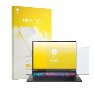 Vorderseite einer Produktverpackung mit dem Markenlogo upscreen. Daneben ist das Gerät Acer Nitro 18 AI AN18-61 mit dem zugehö