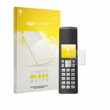Vorderseite einer Produktverpackung mit dem Markenlogo upscreen. Daneben ist das Gerät Panasonic KX-TGK220 mit dem zugehörigen