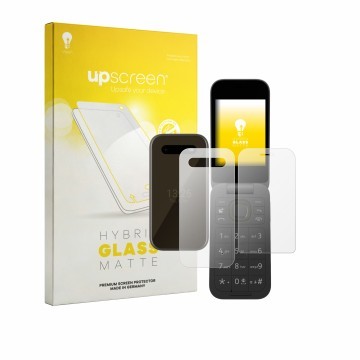 Vorderseite einer Produktverpackung mit dem Markenlogo upscreen. Daneben ist das Gerät HMD 2660 Flip 4G (Display+Rückseite) mi
