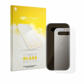 Vorderseite einer Produktverpackung mit dem Markenlogo upscreen. Daneben ist das Gerät HMD 2660 Flip 4G (Rückseite) mit dem zu