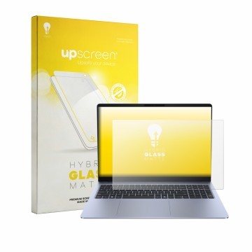 Vorderseite einer Produktverpackung mit dem Markenlogo upscreen. Daneben ist das Gerät Dell 16S mit dem zugehörigen Displaysch