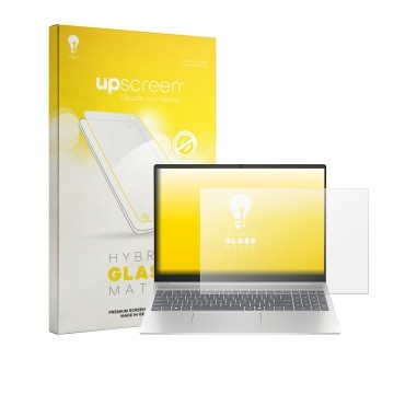 Parte frontal de un envase de producto con el logotipo de la marca upscreen. Al lado se muestra el dispositivo HP Pavilion 16-