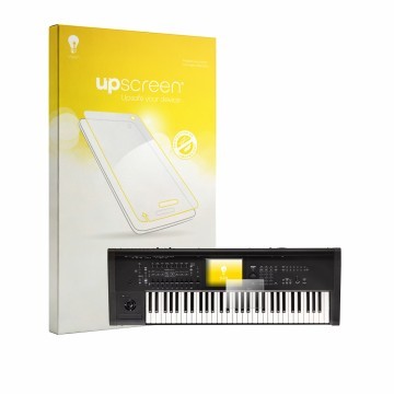 Parte frontal de un envase de producto con el logotipo de la marca upscreen. Al lado se muestra el dispositivo KORG Kronos 3 (