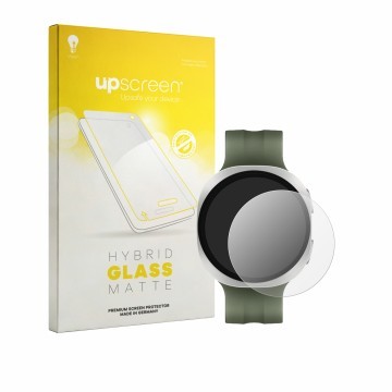 Face avant d’un emballage produit avec le logo de la marque upscreen. À côté, l’appareil Samsung Galaxy Watch 9 (40 mm) est re