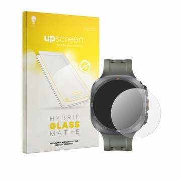 Face avant d’un emballage produit avec le logo de la marque upscreen. À côté, l’appareil Samsung Galaxy Watch Ultra 2 (47 mm) 