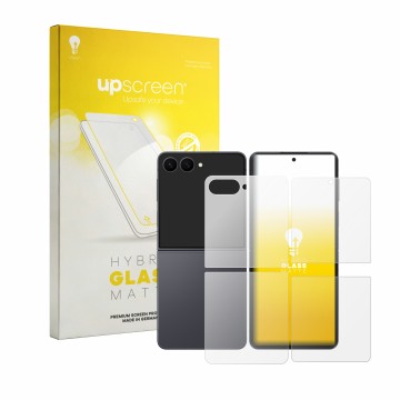 Vorderseite einer Produktverpackung mit dem Markenlogo upscreen. Daneben ist das Gerät Samsung Galaxy Z Flip 8 (Display+Rückse