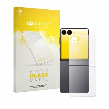 Vorderseite einer Produktverpackung mit dem Markenlogo upscreen. Daneben ist das Gerät Samsung Galaxy Z Flip 8 (Rückseite) mit