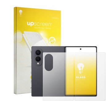Vorderseite einer Produktverpackung mit dem Markenlogo upscreen. Daneben ist das Gerät Samsung Galaxy Z Fold 8 (Display+Rückse