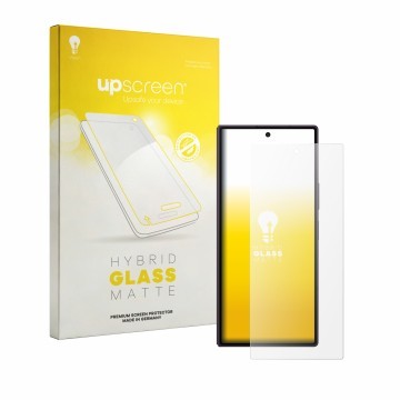 Vorderseite einer Produktverpackung mit dem Markenlogo upscreen. Daneben ist das Gerät Samsung Galaxy Z Fold 8 Ultra mit dem z