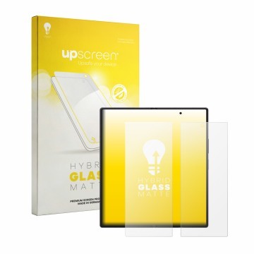 Vorderseite einer Produktverpackung mit dem Markenlogo upscreen. Daneben ist das Gerät Samsung Galaxy Z Fold 8 Ultra (Inneres 