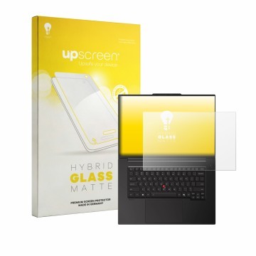 Parte frontal de un envase de producto con el logotipo de la marca upscreen. Al lado se muestra el dispositivo Lenovo ThinkPad
