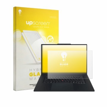 Parte frontal de un envase de producto con el logotipo de la marca upscreen. Al lado se muestra el dispositivo Lenovo ThinkPad