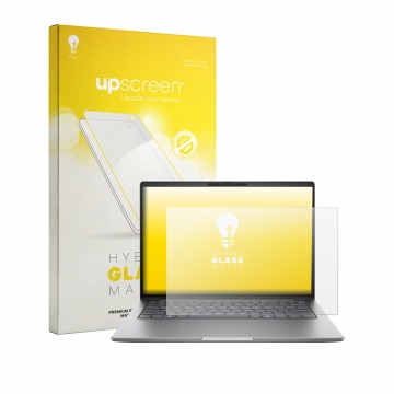 Parte frontale di una confezione del prodotto con il logo del marchio upscreen. Accanto è raffigurato il dispositivo HP Zbook 