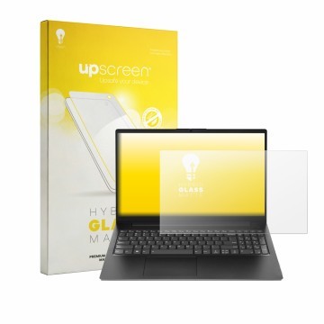 Parte frontal de un envase de producto con el logotipo de la marca upscreen. Al lado se muestra el dispositivo Lenovo V15 Gen 